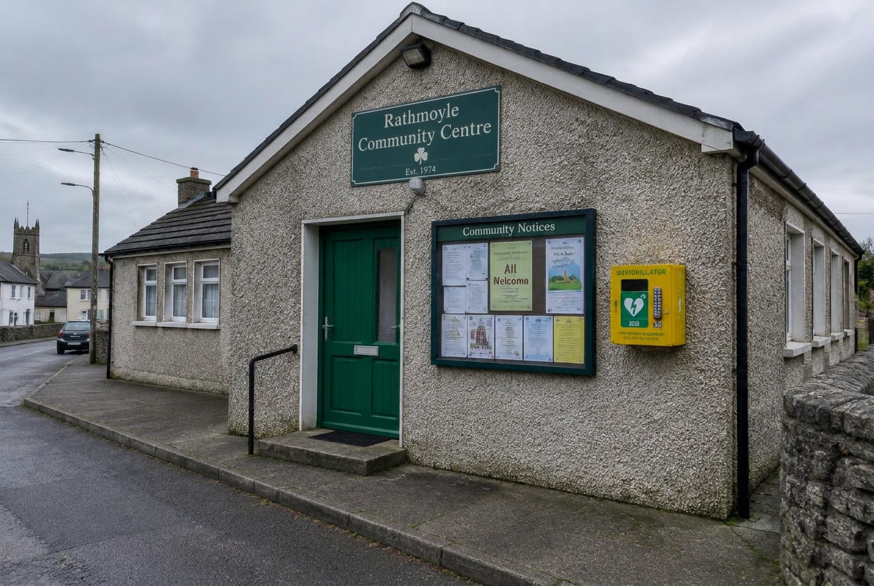 The front of Rathmoyle Community Centre on Chapel Street, with its green door, notice board and the yellow defibrillator box on the wall.